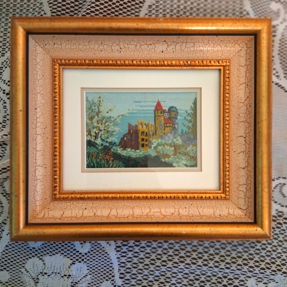 Petit Point Framed Landscape Wall Art - Matted And Under Glass 3585